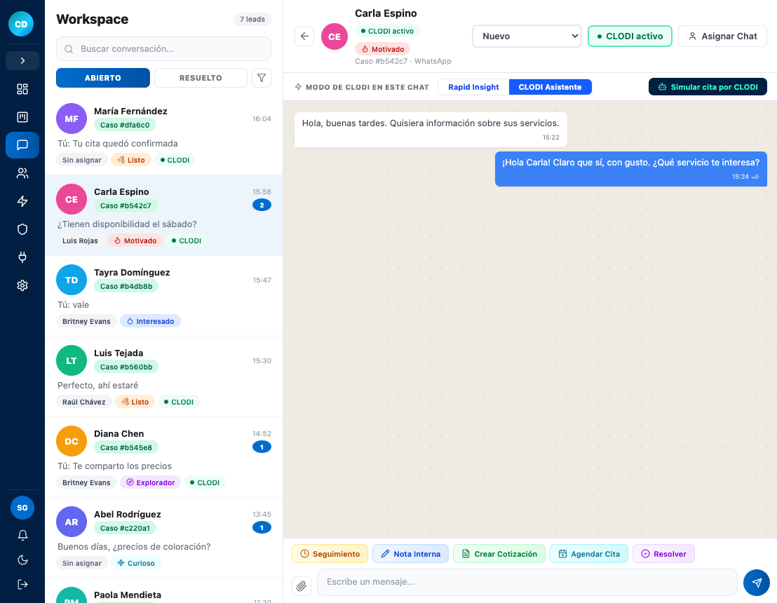 Closer Digital: bandeja de conversaciones con etiquetas de intención y una conversación abierta